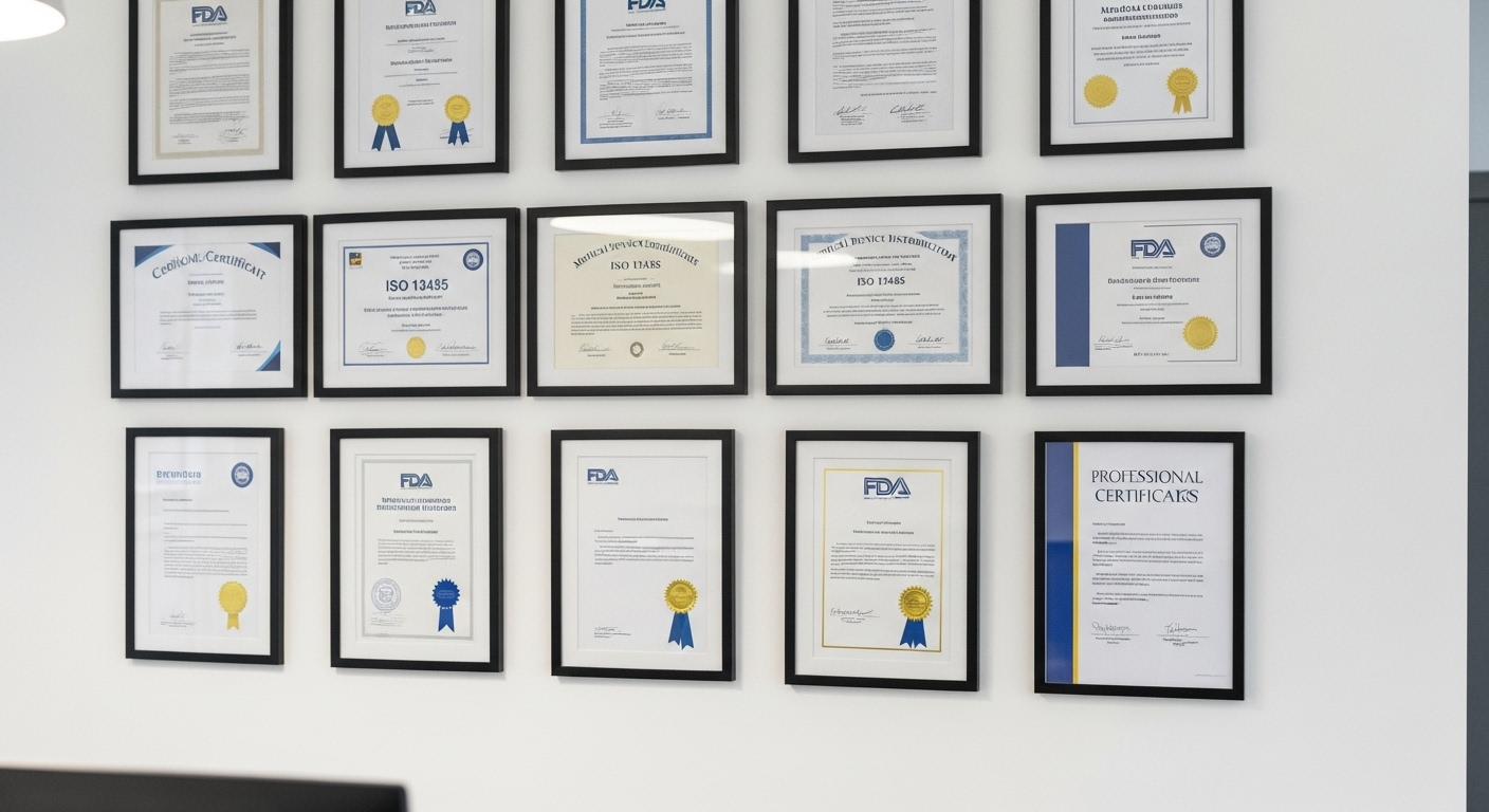 Professional Certifications Display - FDA Registration, ISO 13485, Medical Device License