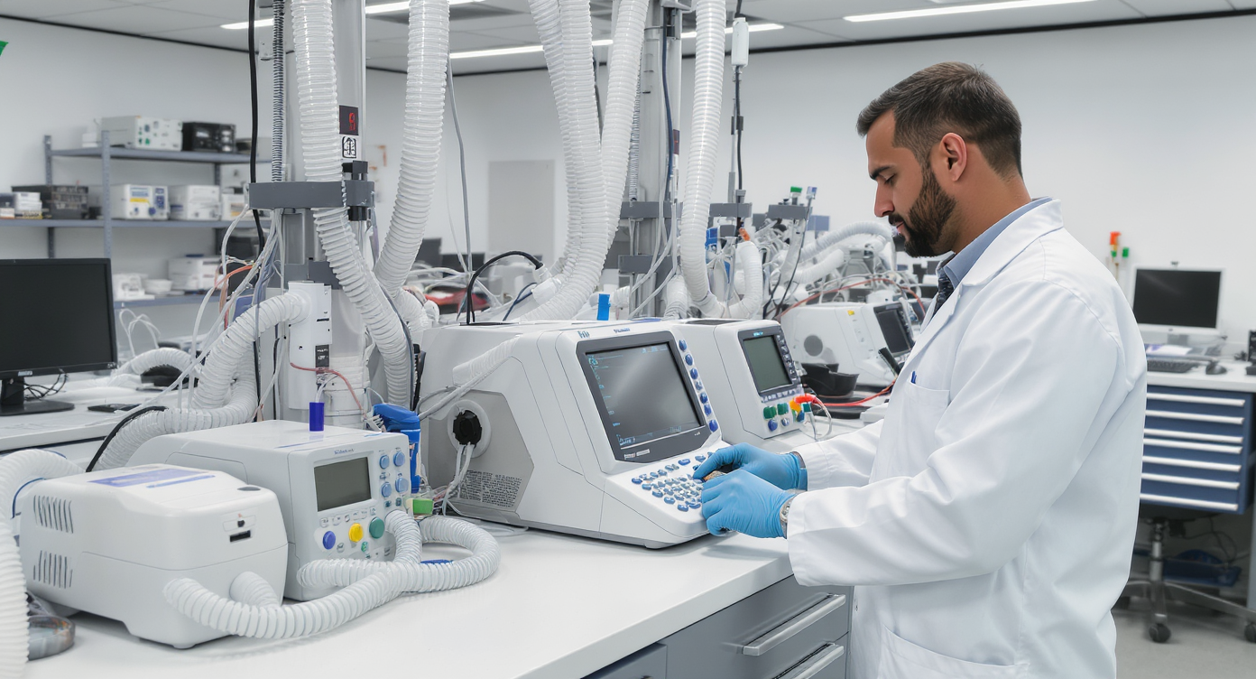 Professional Medical Device Testing Laboratory with Technician Operating Advanced Equipment